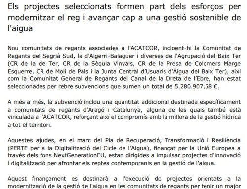 Nou comunitats de regants  vinculades a l’ACATCOR rebran una subvenció per impulsar la digitalització en el regadiu